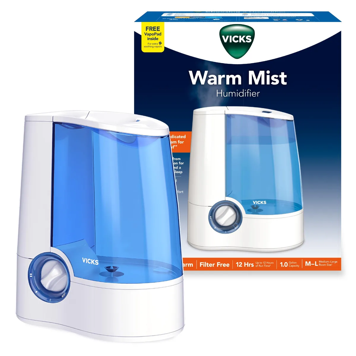White warm mist humidifier with one-gallon top-fill tank and night light