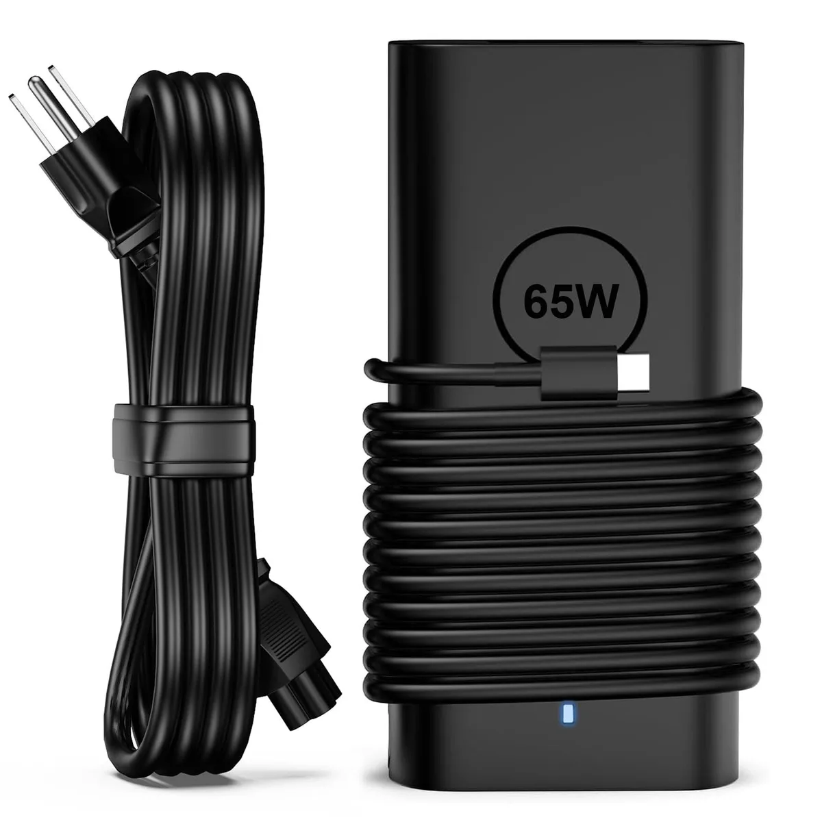 A compact black USB-C laptop charger with detachable power cord