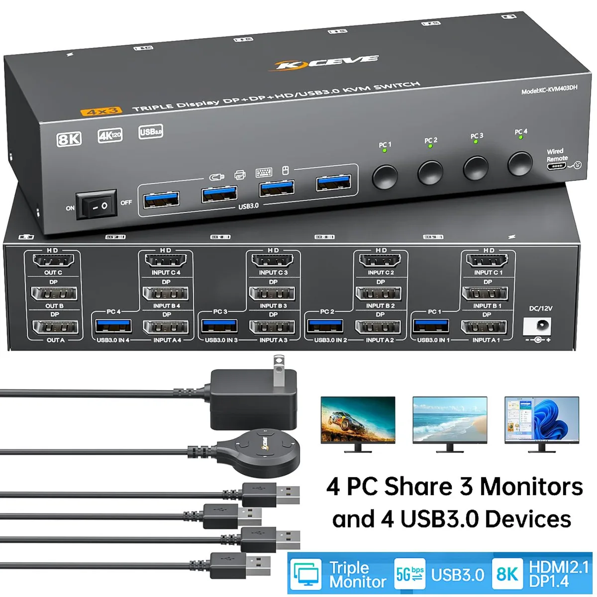 Hitoor Hitoor KVM Switch 3 Monitors 4 Computers 8K@60Hz 4K@144Hz HDMI +2 Displayport — product photo