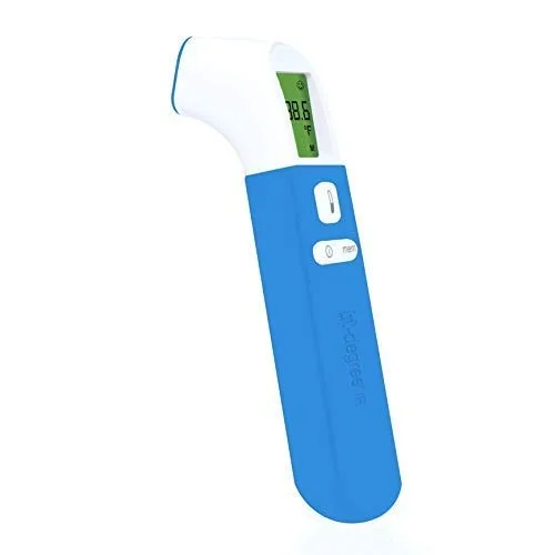 White infrared forehead thermometer with colour LCD screen and silver ion case