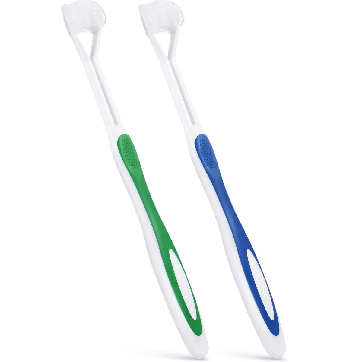 Two manual toothbrushes with three-sided brush heads, green and blue handles