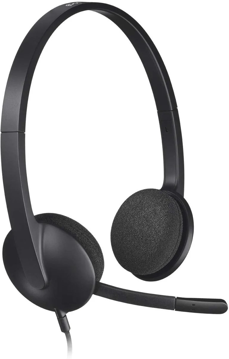 Black Logitech H340 USB wired headset with rotating boom microphone and foam ear cups