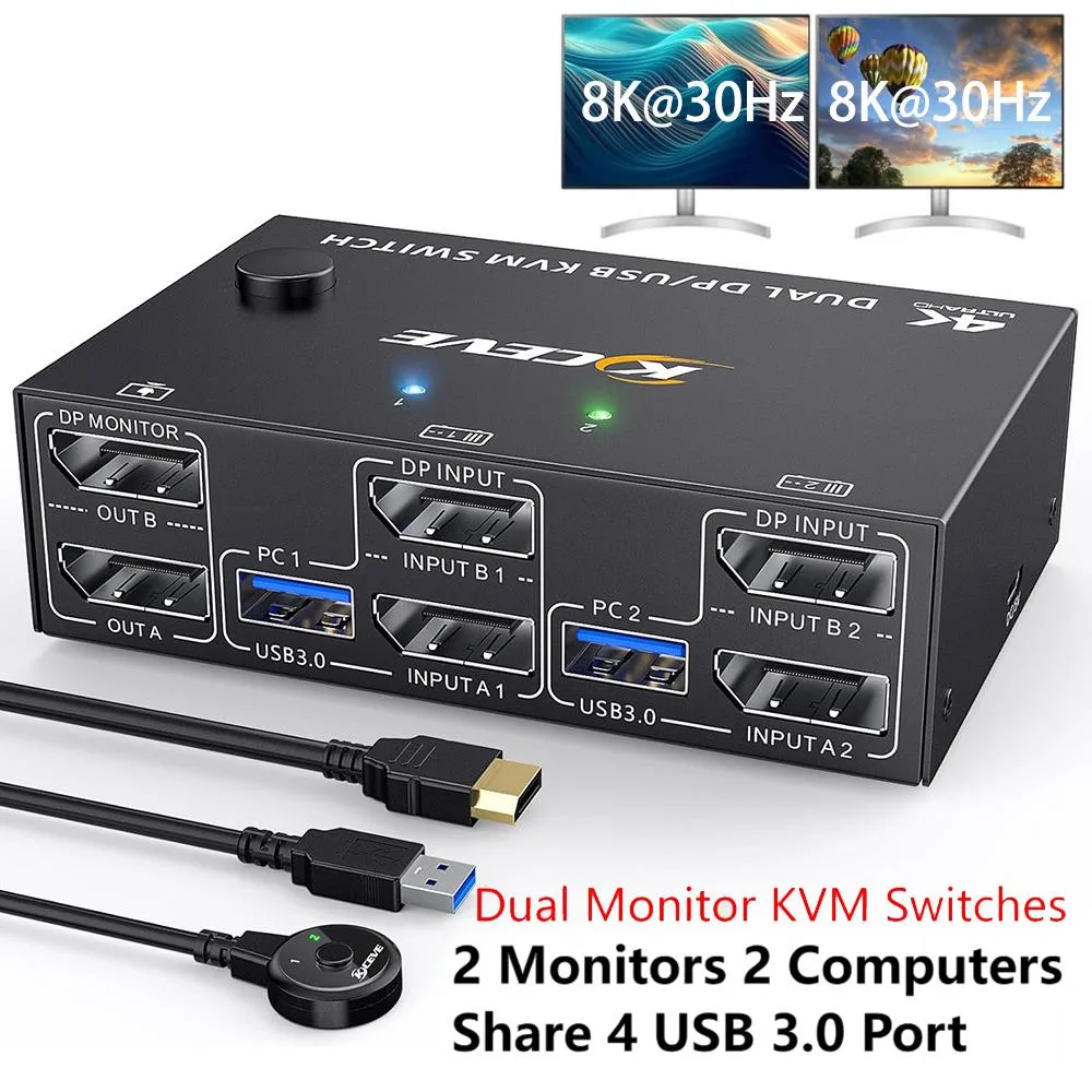 Hitoor Hitoor DisplayPort KVM Switch 2 Monitors 2 Computers 8K@30Hz 4K@144Hz USB 3.0 4 Ports Wired Remote — product photo