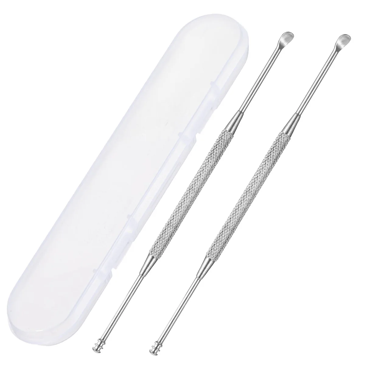 Two silver stainless steel ear picks with spiral and spoon tips in a storage box