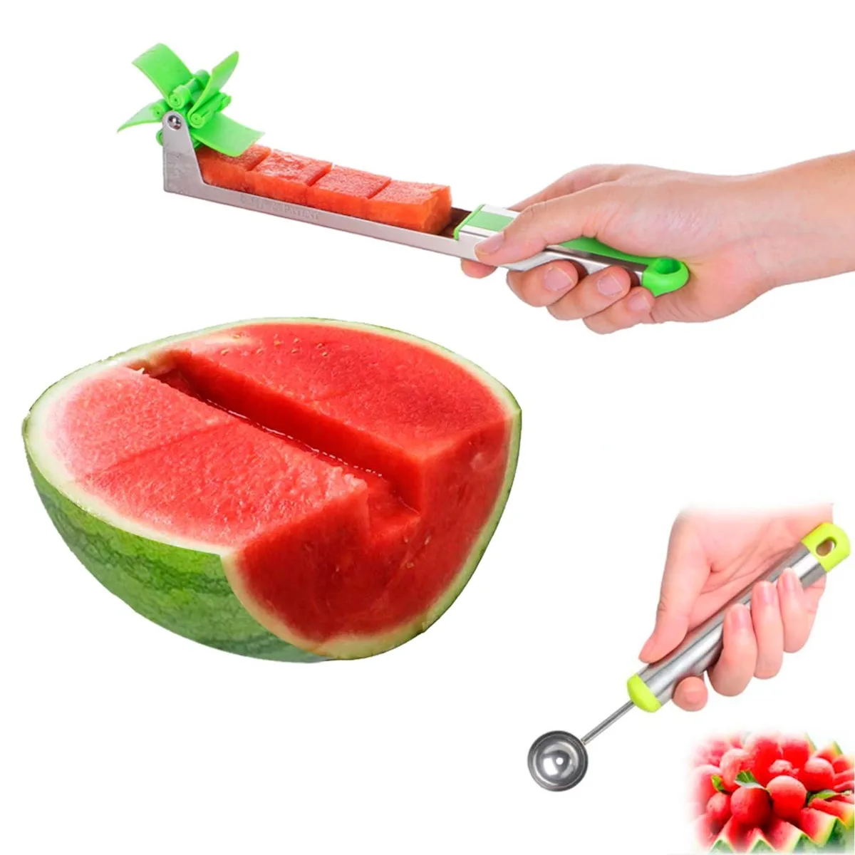 Stainless steel watermelon slicer, 27 cm windmill blade with melon baller scoop