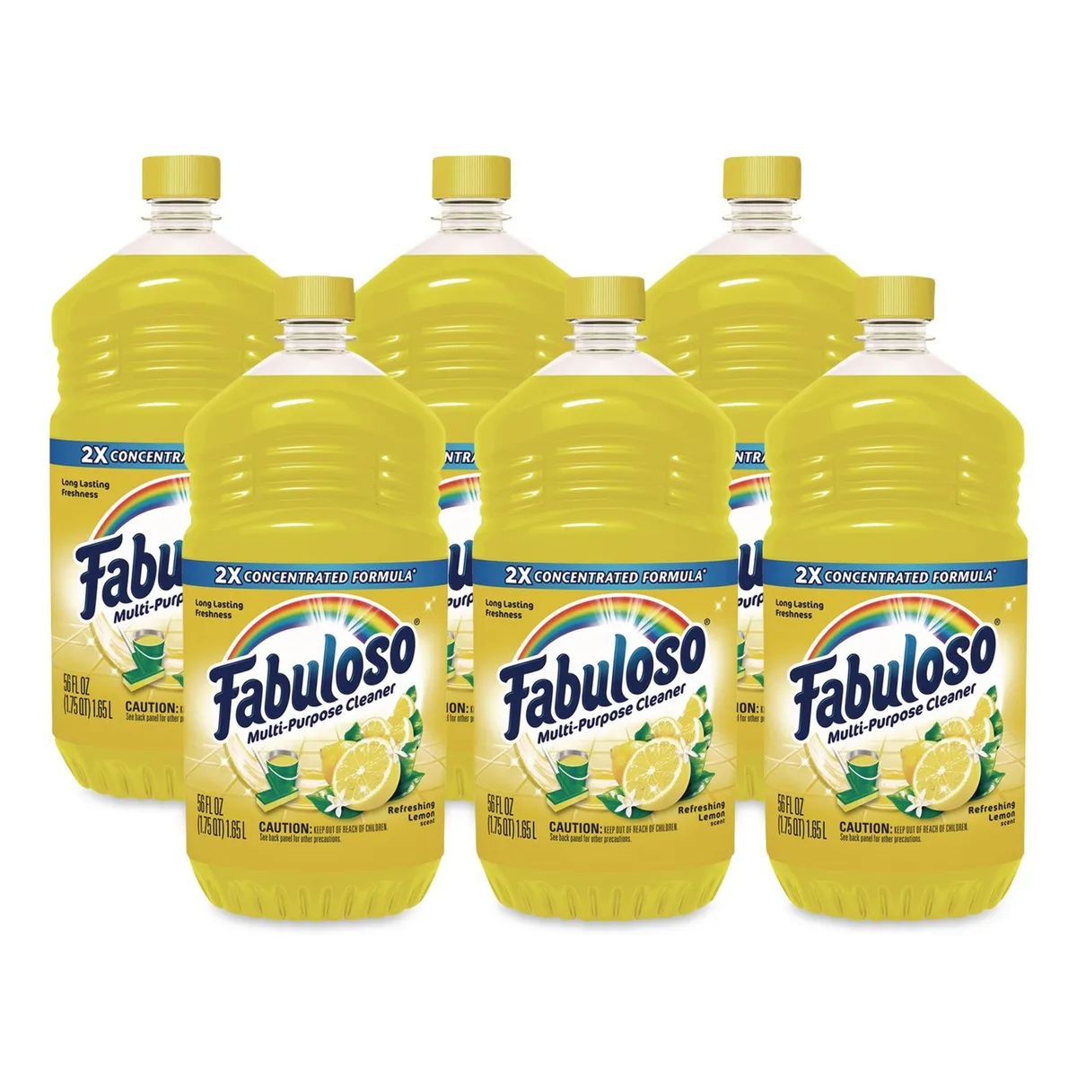 Six 56 oz yellow bottles of lemon-scented liquid cleaner in a carton