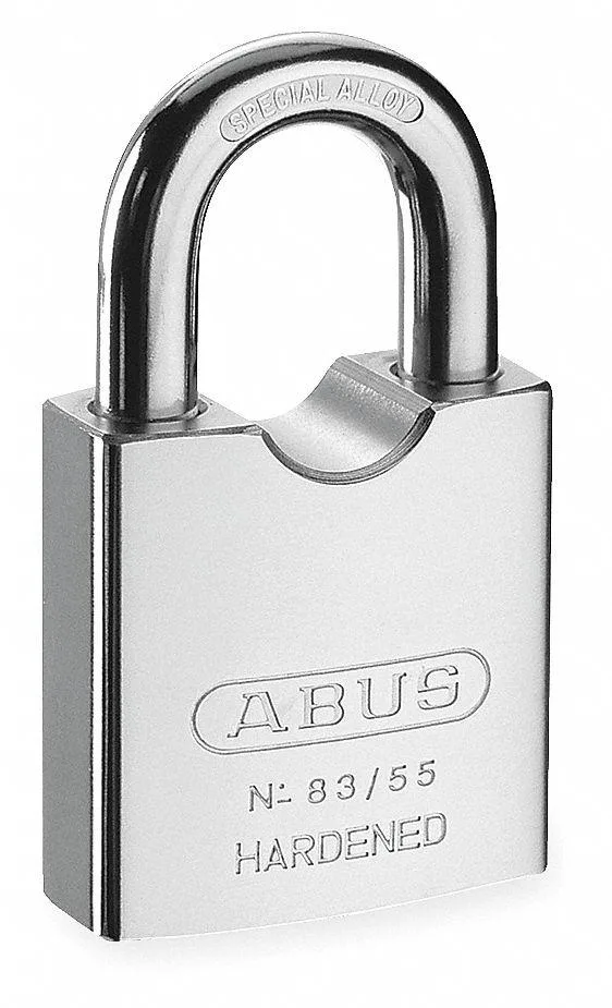 Square silver padlock with hardened steel body and shackle