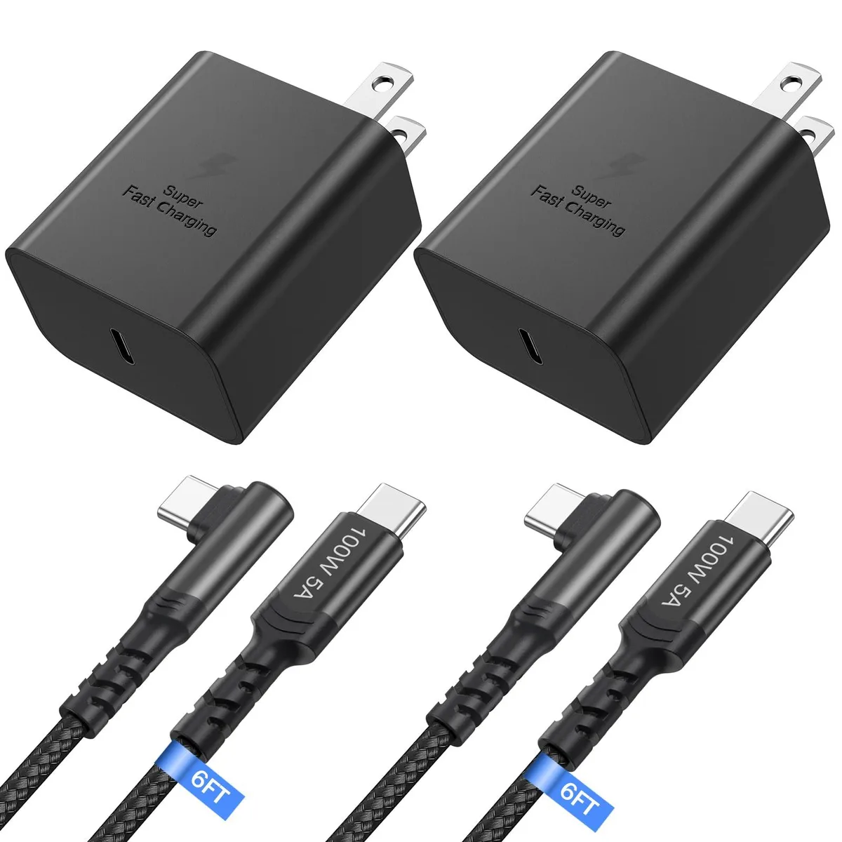 Two compact white USB-C wall chargers with two six-foot braided right-angle USB-C cables