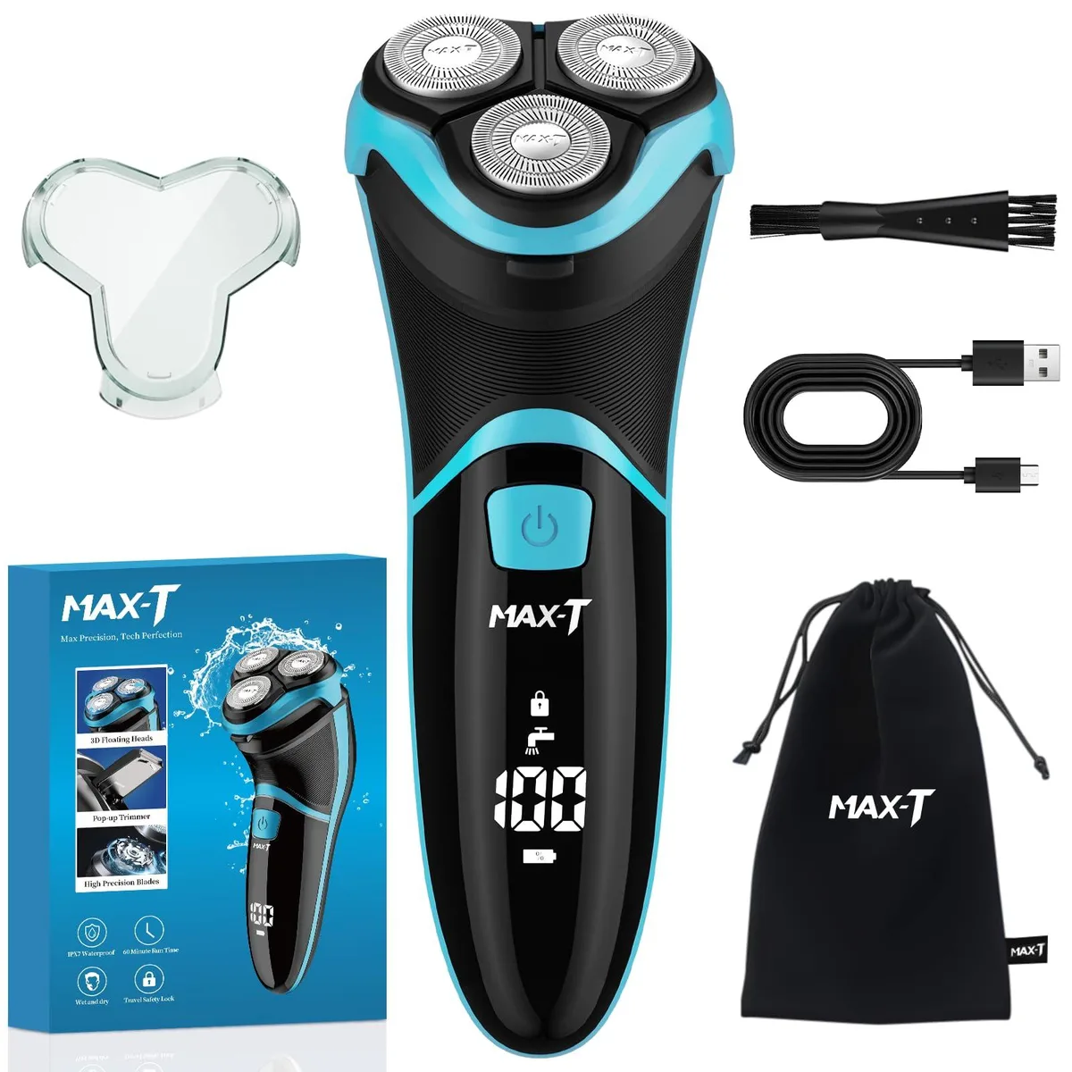 Blue rotary shaver with three floating heads and pop-up trimmer