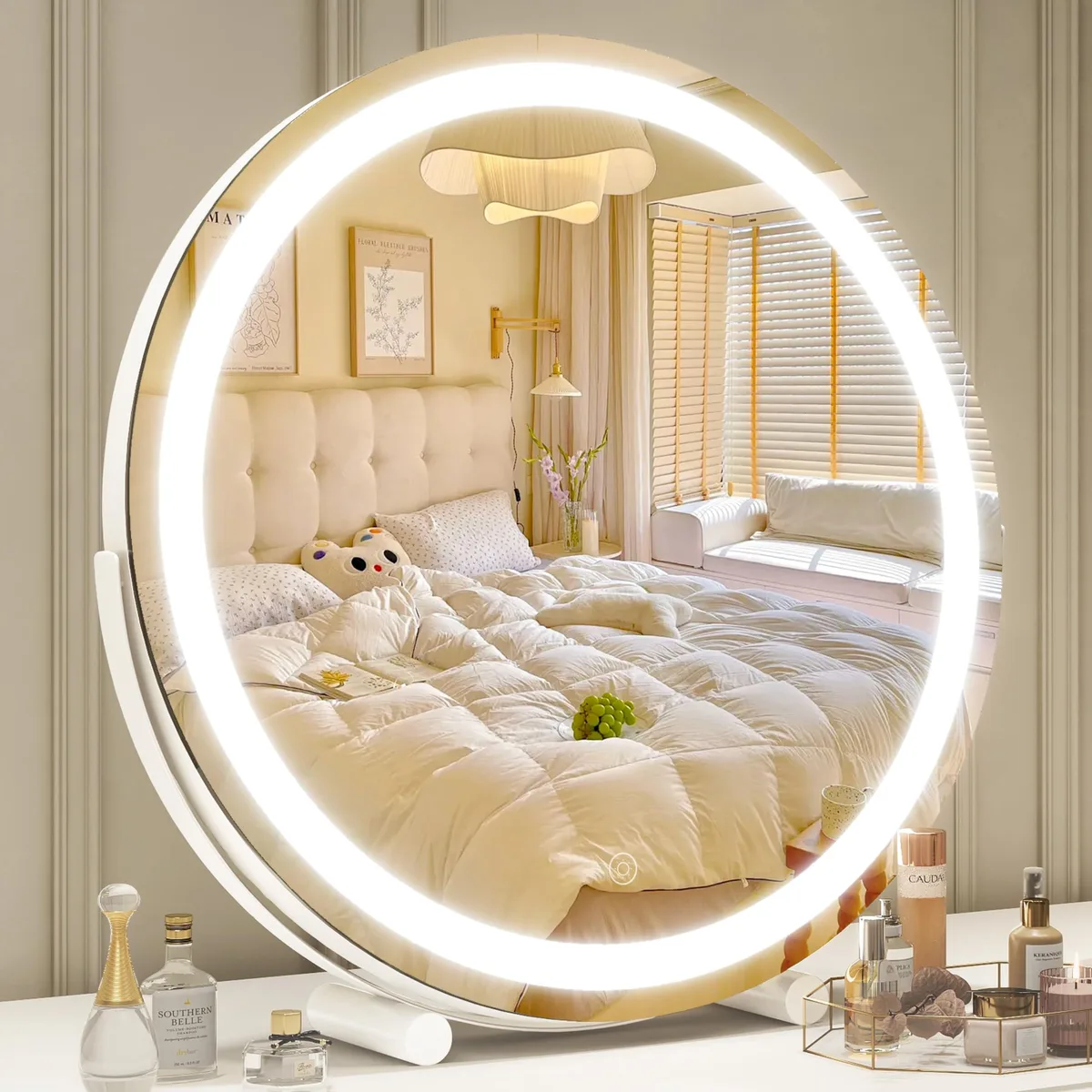 White round 18 inch LED vanity mirror on rotating base