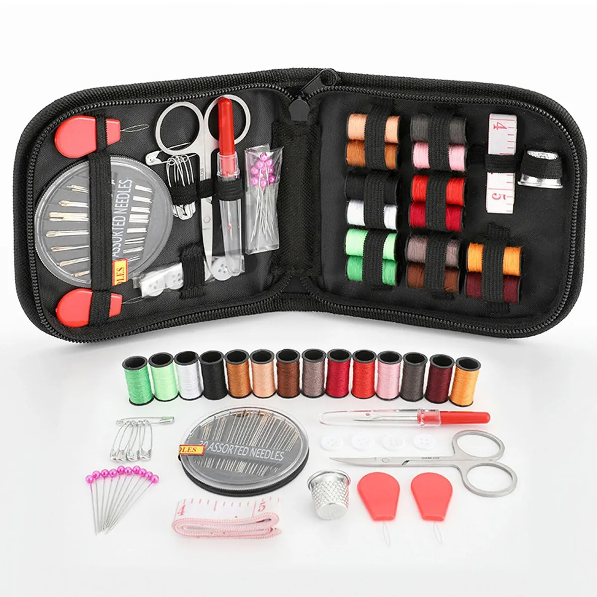 Compact black zippered case holding 70-piece sewing kit with scissors, needles, thread spools, buttons, thimble
