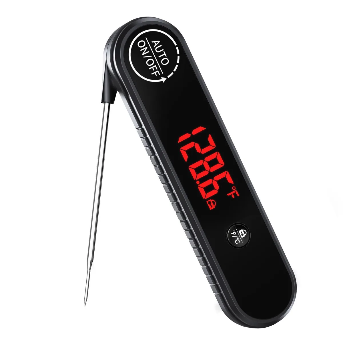 Black digital meat thermometer with fold-out probe, IP67 waterproof rating, auto-rotating backlit display