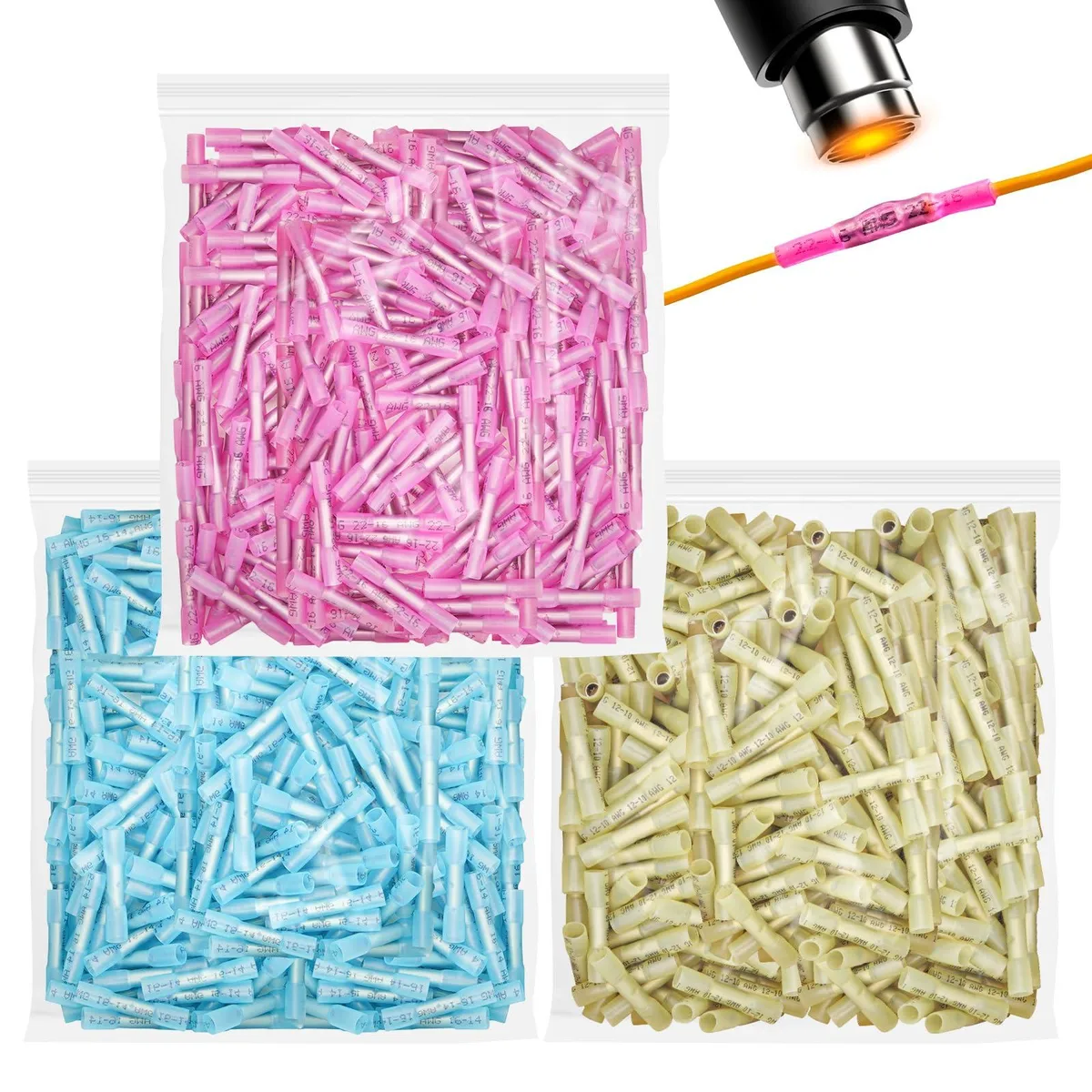  1500 PCS Heat Shrink Butt Connectors 22-16 16-14 12-10 AWG Waterproof Wire Cap Connectors — product photo