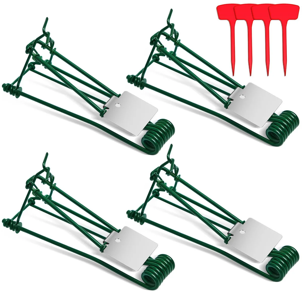 Four green stainless steel gopher traps with red T labels