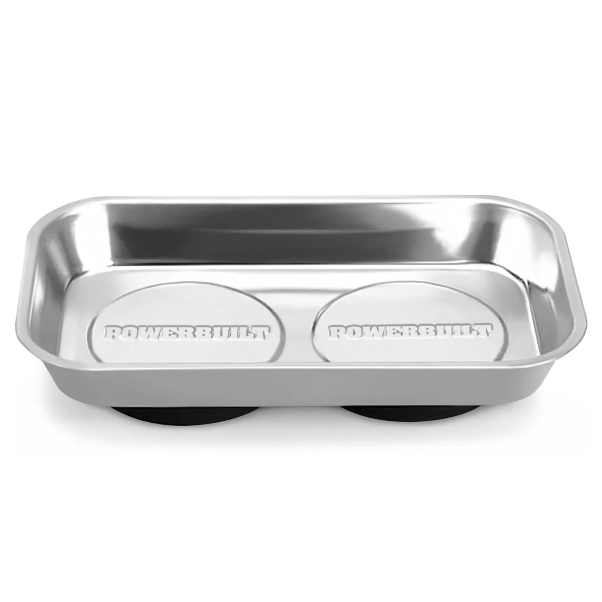 Rectangular stainless steel magnetic parts tray with dual rubber-capped magnets