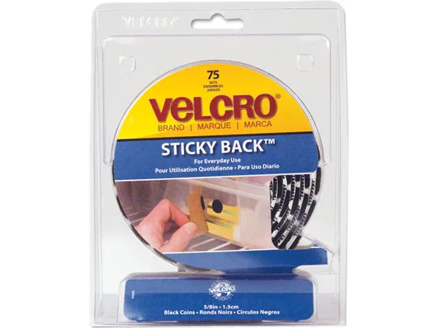 Black Velcro hook and loop fastener dots in plastic dispenser roll