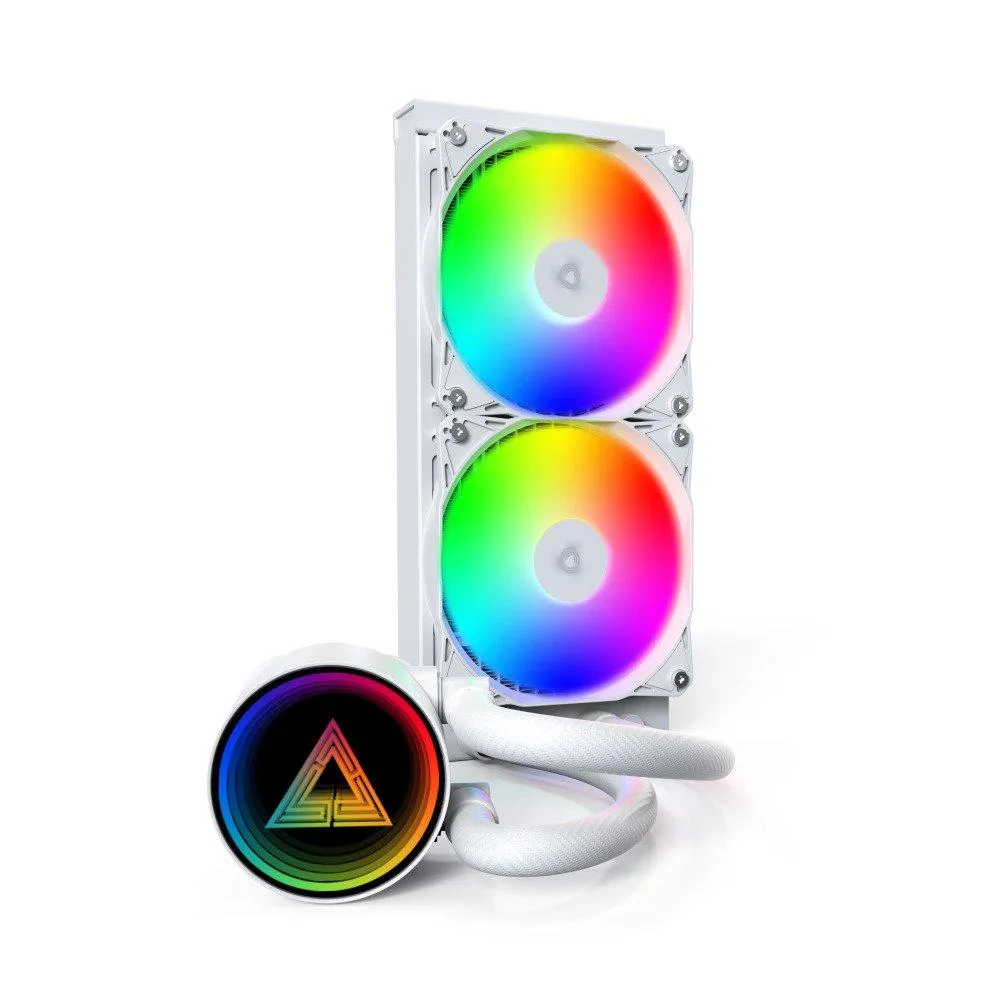 White 240 mm AIO radiator with two 120 mm ARGB fans and a square white pump block with circular display