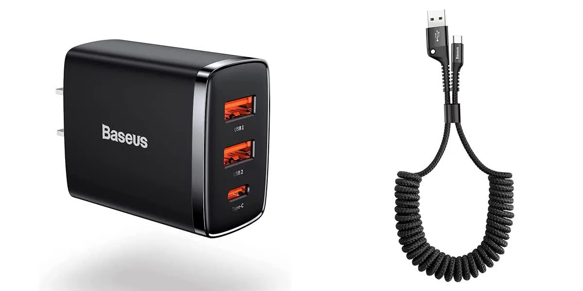 Coiled USB-C cable with spring design and 30W car charger