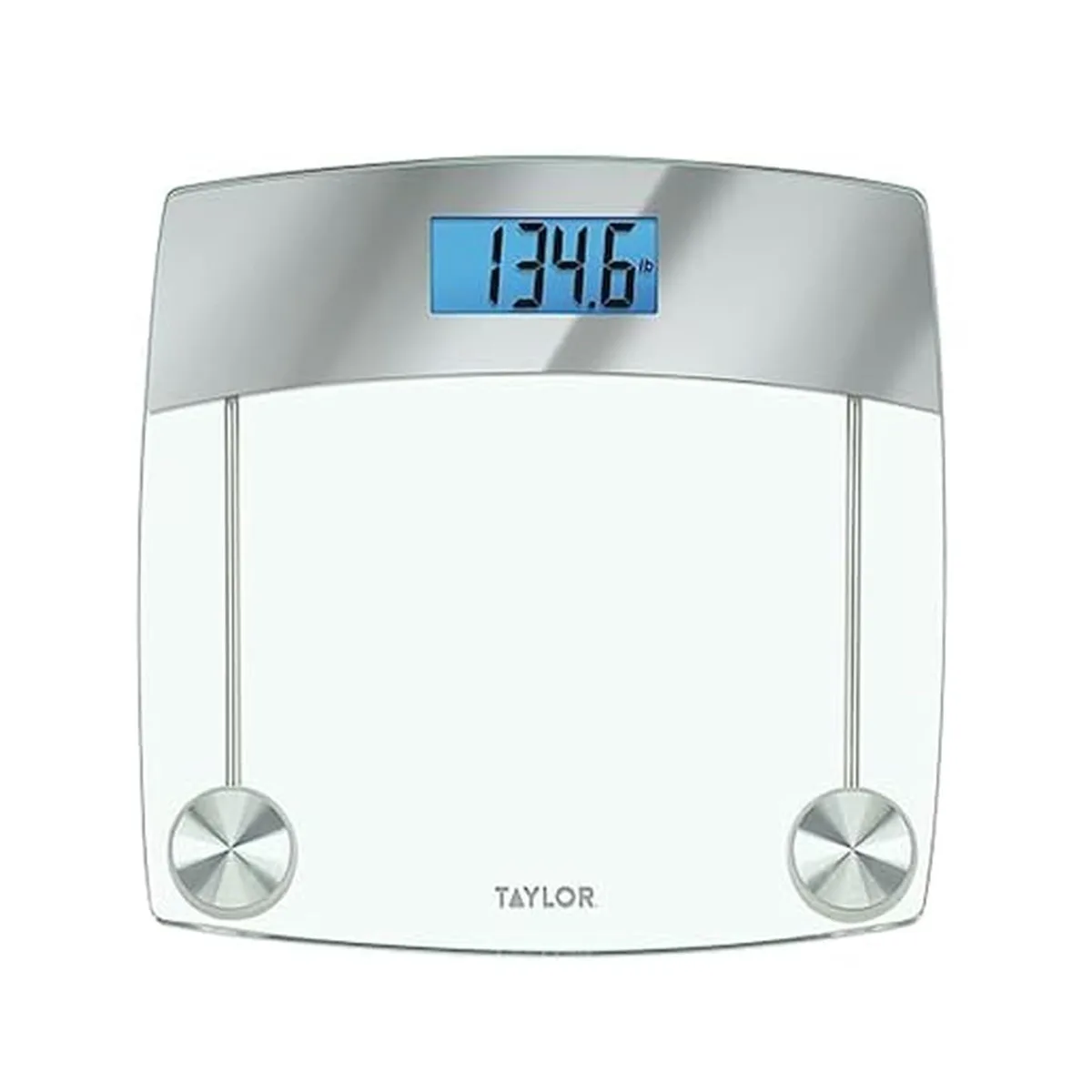 Square clear glass platform with blue backlit display and stainless steel accents