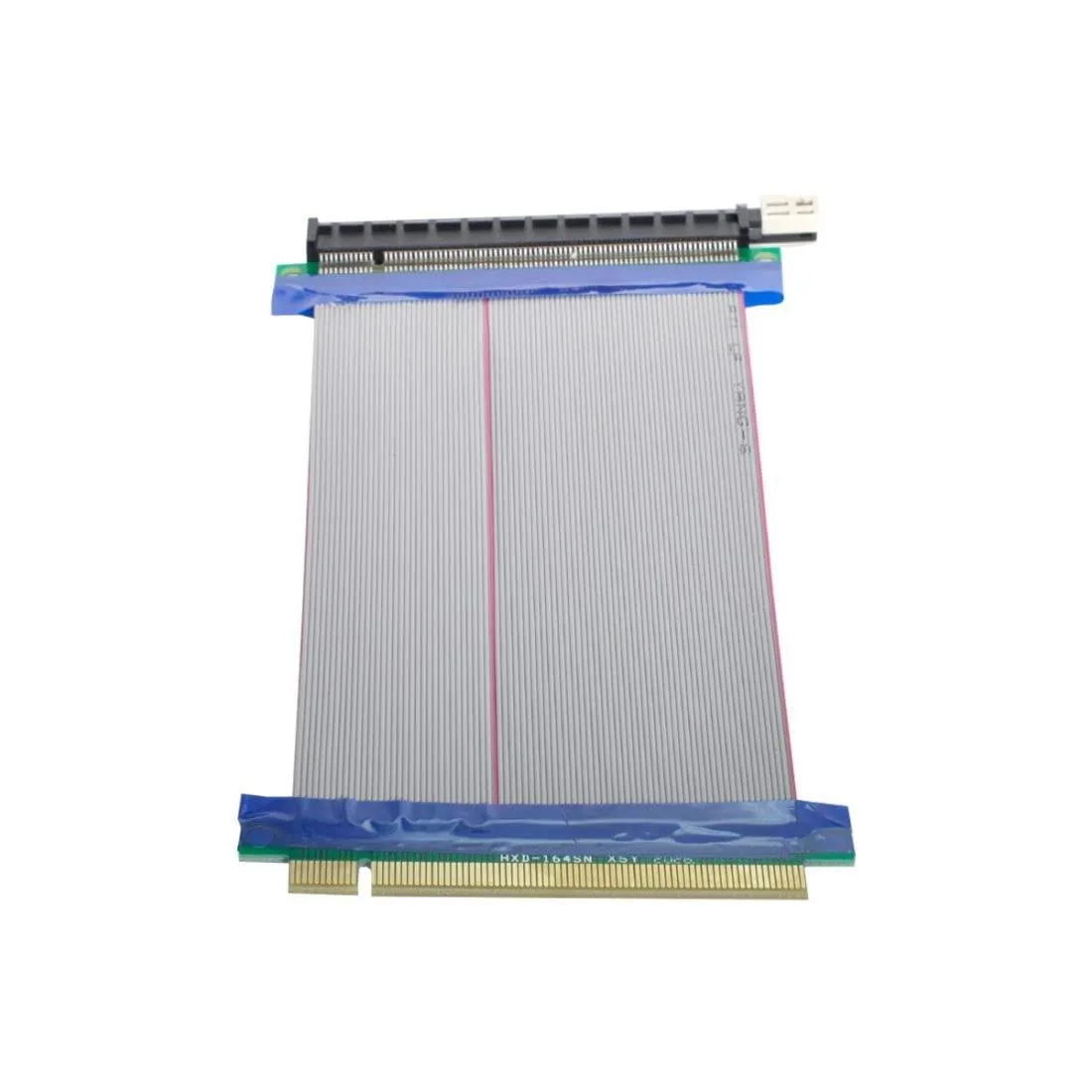 Black flat ribbon cable twenty centimetres long with a right-angled PCIe sixteen-lane female socket at one end