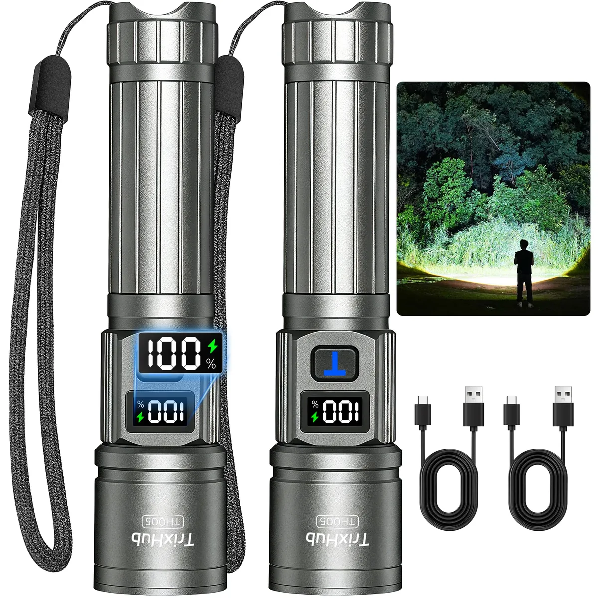 Two titanium-coloured aluminium flashlights with LCD screens and zoomable heads