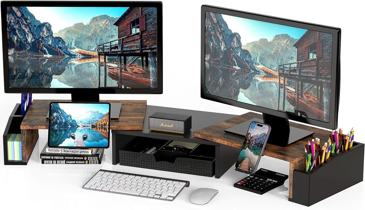 PISKEKAT PISKEKAT Monitor Stand Riser with Drawer Rustic Brown 29.13-40.9"L 10.85"W 5"H — product photo
