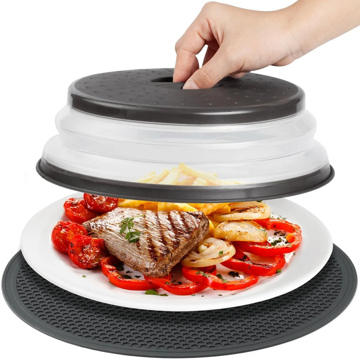 Black collapsible microwave cover with vented dome and matching silicone mat with honeycomb texture