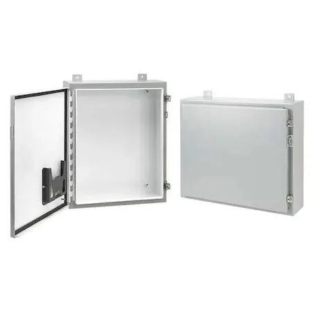 Gray powder-coated carbon steel wall-mount enclosure with hinged solid cover, screw-down clamps and padlocking hasp
