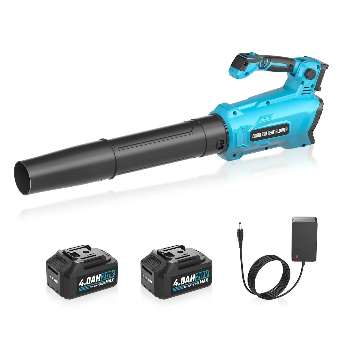 Orange cordless leaf blower with adjustable handle and two 4.0Ah batteries shown