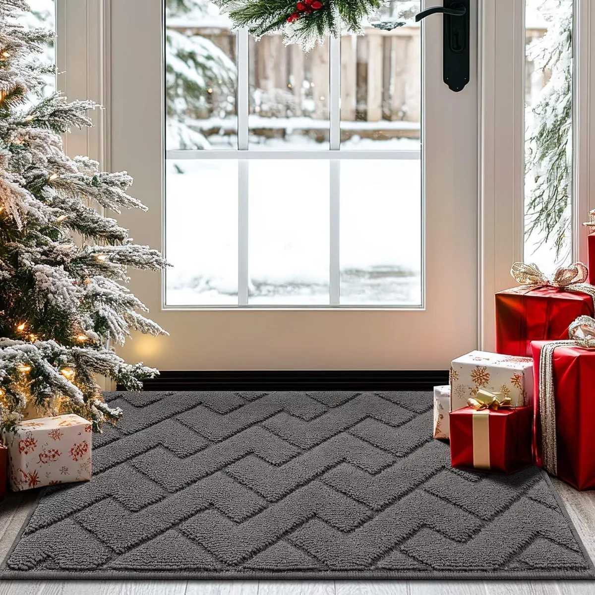 Grey striped low-profile doormat with non-slip backing, 20 by 31.5 inches
