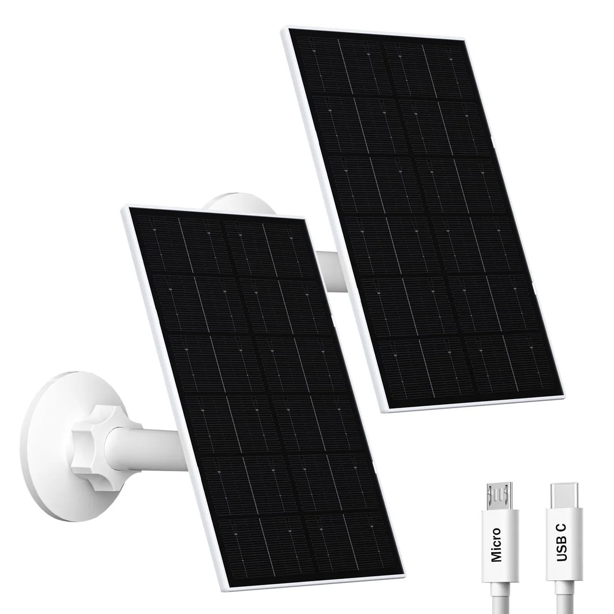 Two compact rectangular solar panels in dark finish with adjustable mounts and cables