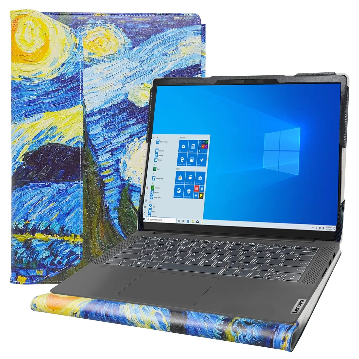 A dark star-patterned PU leather laptop sleeve with soft cashmere lining and elastic corner straps
