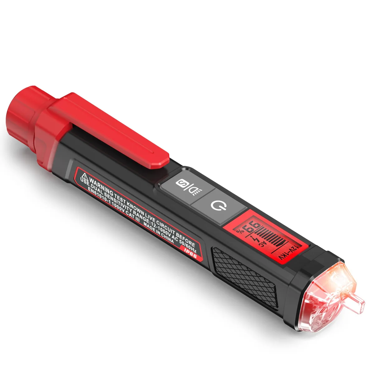 Yellow plastic voltage tester pen with LCD screen and red tip, 15 cm long