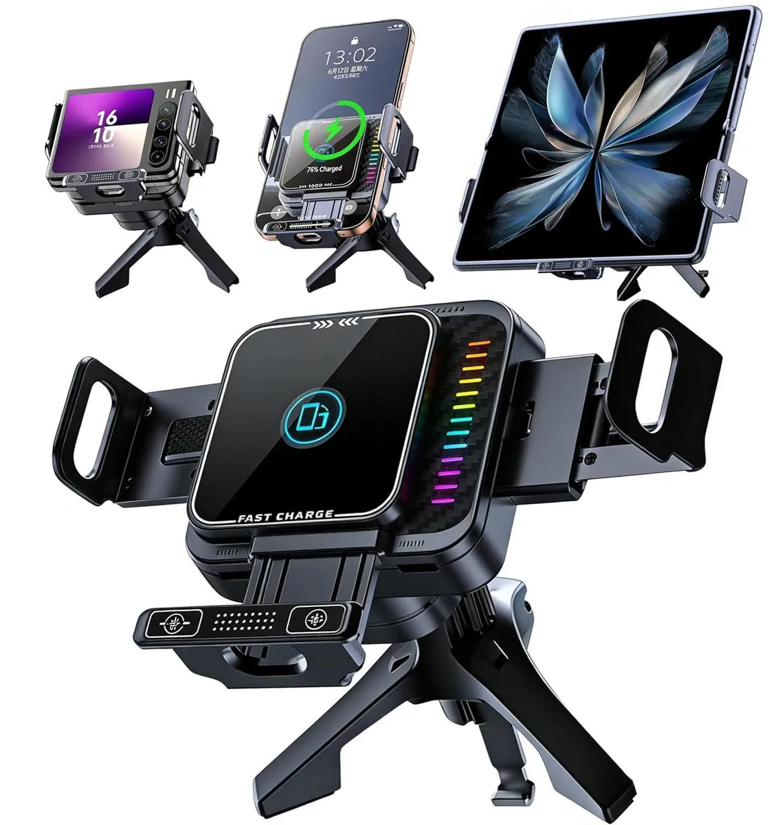 Wireless car charger mount with expandable arms and 90 degree rotation
