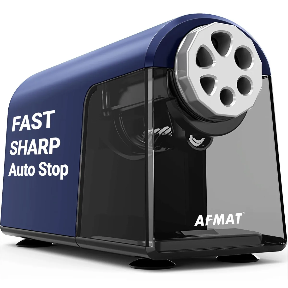 Blue electric pencil sharpener with six holes and clear shavings bin
