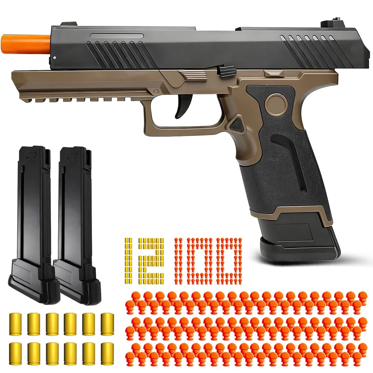 Brown plastic toy pistol with automatic shell ejection and 100 foam bullets