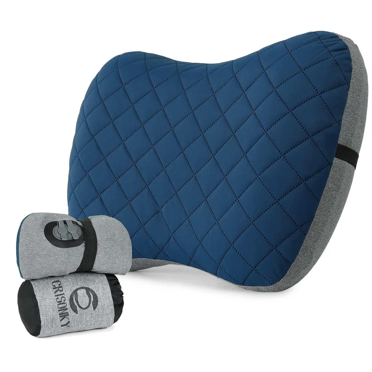 Pacific blue inflatable camping pillow with removable cover, folded to soda-can size