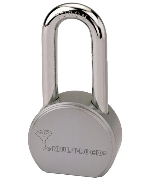 Satin-chrome round steel padlock with long boron shackle