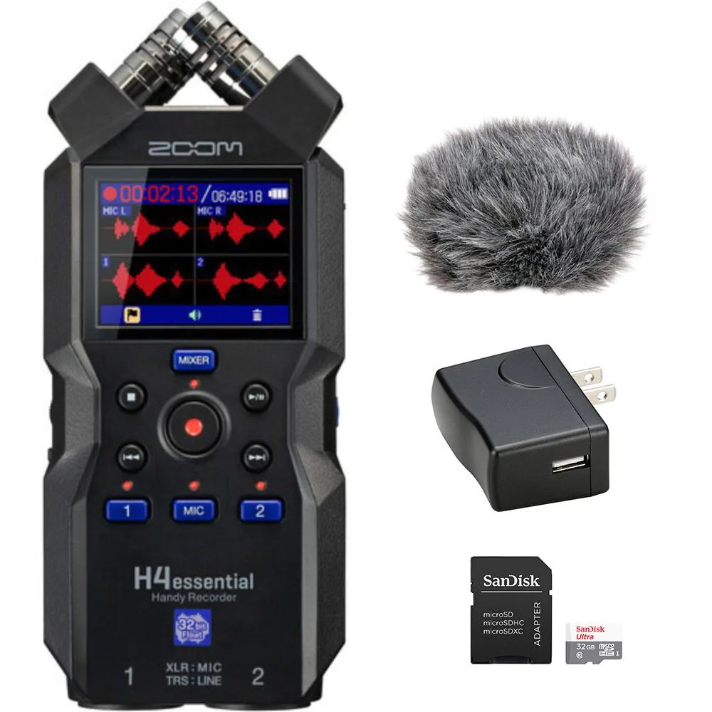 Handheld audio recorder with built-in X/Y microphones, windscreen, and tripod mount