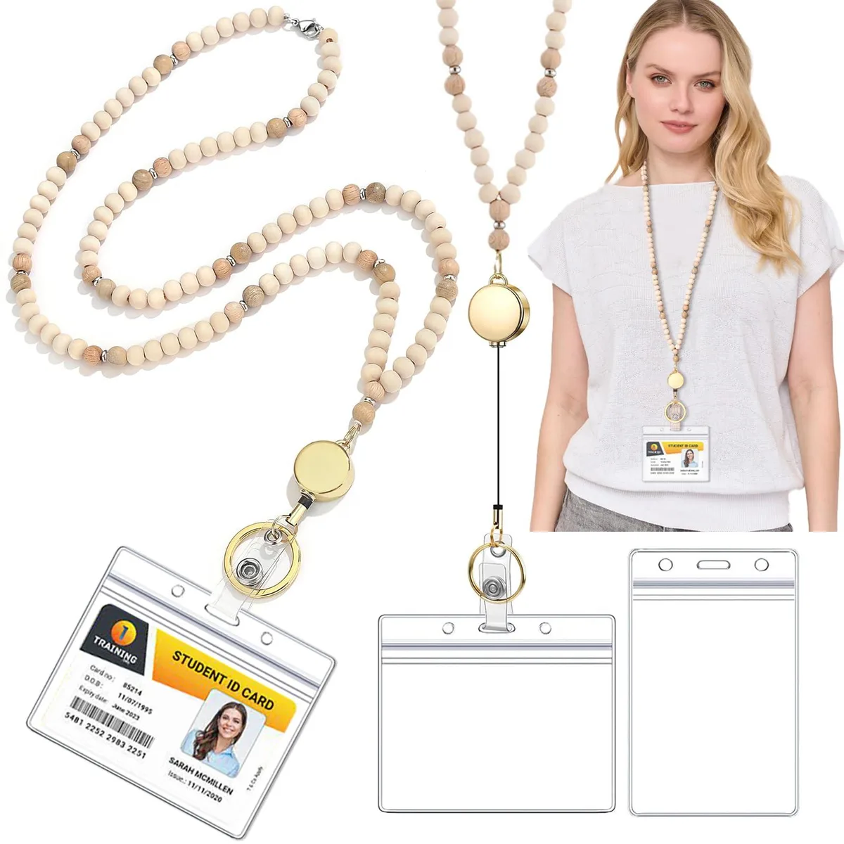 BTPIEL RLID Retractable Wood Beaded Lanyard 10 inch Reel — product photo