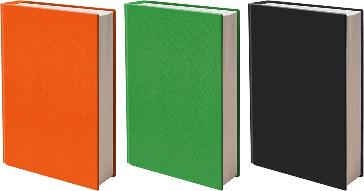 Three stretchable nylon fabric book covers in assorted colours, flat and folded