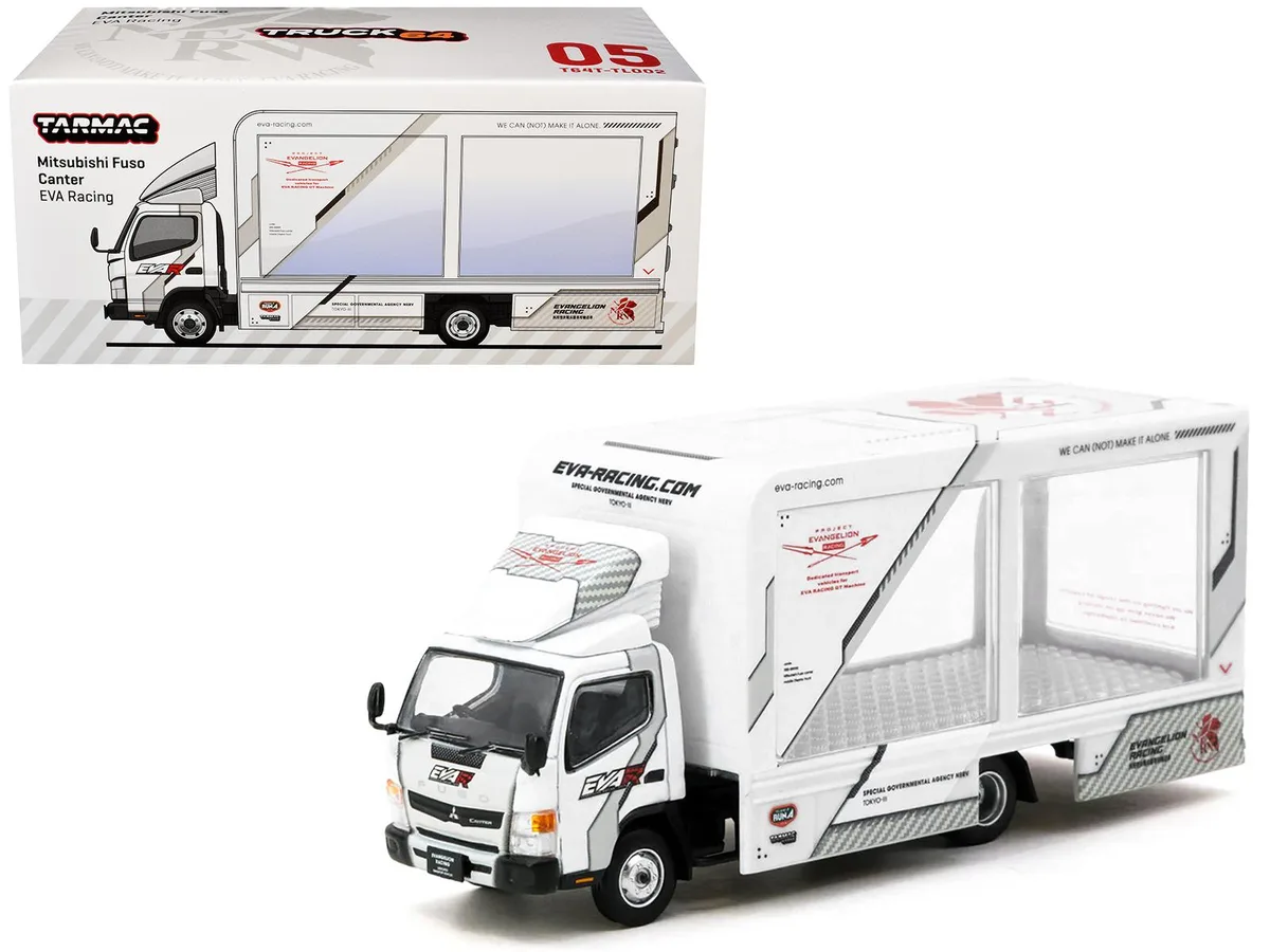 Tarmac Works Tarmac Works Mitsubishi Fuso Canter Mobile Display Truck RHD EVA Racing White 1/64 Diecast Hobby Collectible — product photo