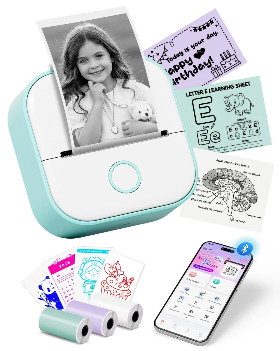 Compact white thermal label printer with 53mm roll loaded, rounded rectangular shape, matte plastic finish