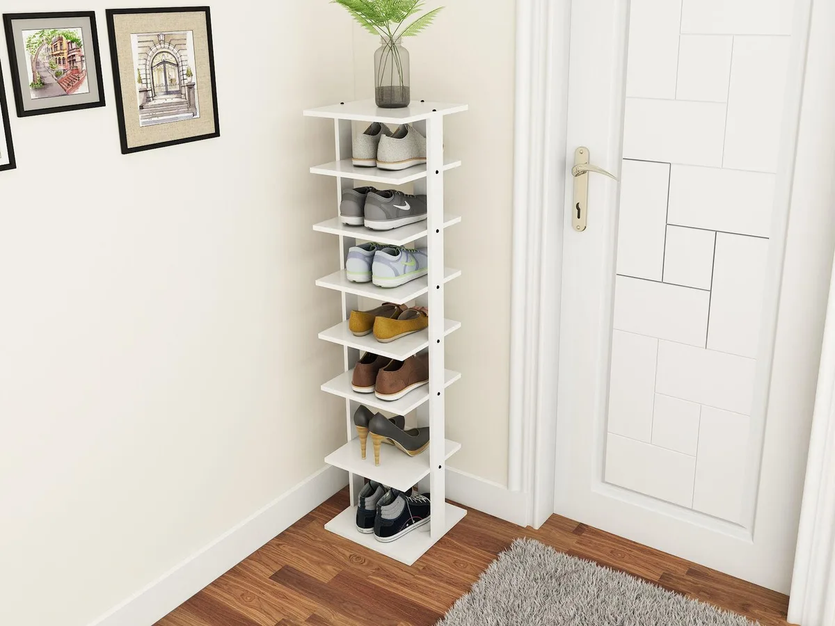 White wooden 7-tier shoe rack, 11 by 10.5 by 43.5 inches, 15 lbs