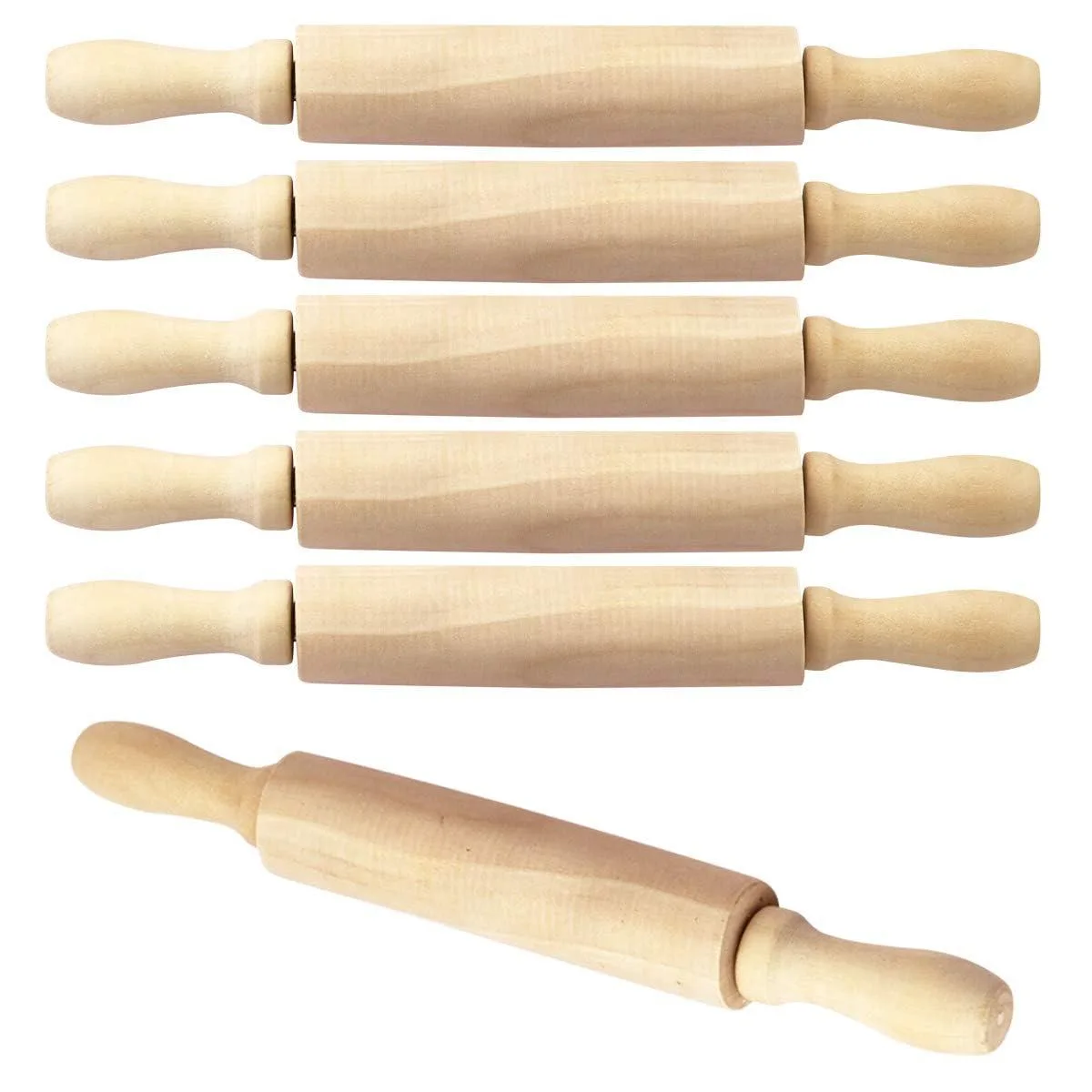 Six light wooden mini rolling pins, 20 cm long, smooth unfinished finish
