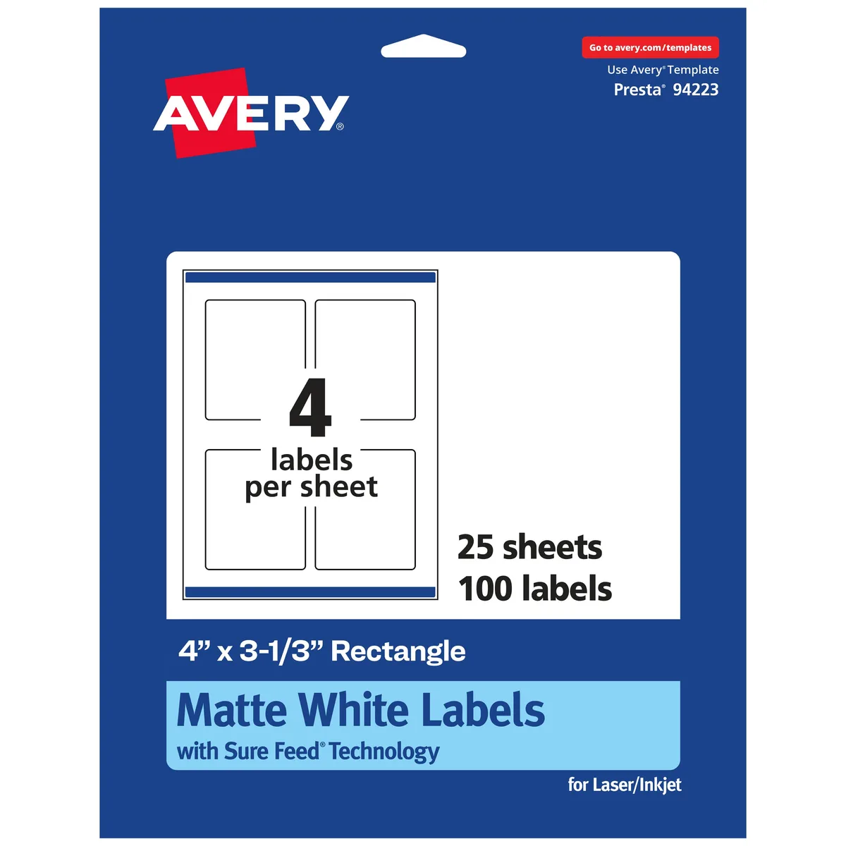 Pack of 100 matte white rectangle labels 94223