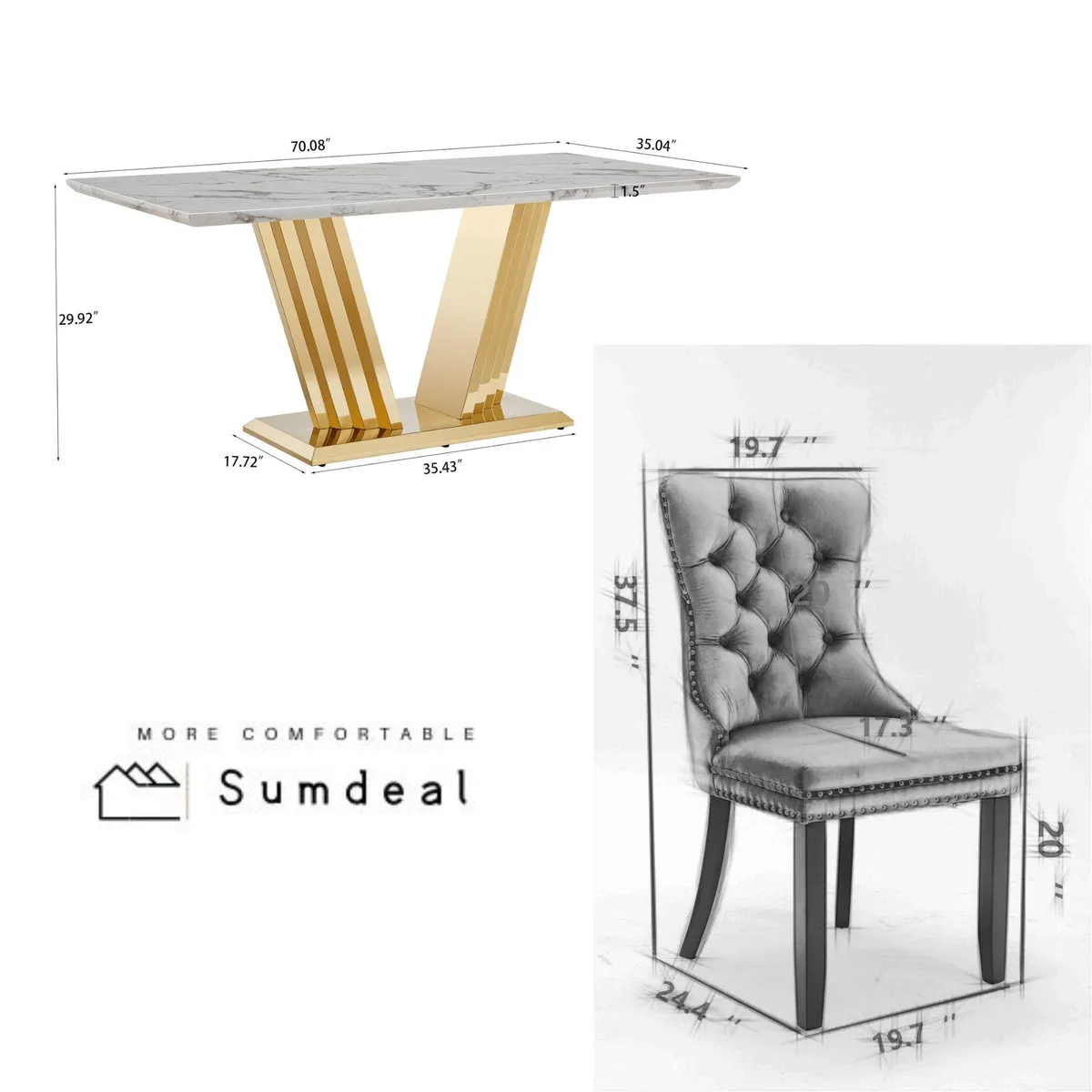 Sumdeal Sumdeal 5-piece 70-inch faux marble dining set 4 velvet chairs — product photo