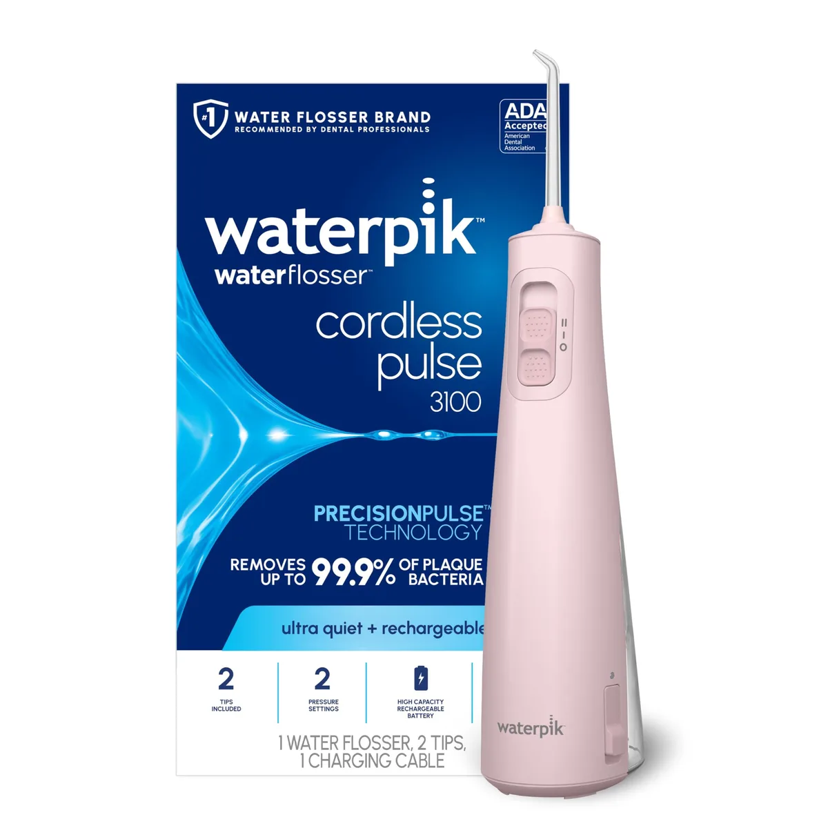Pink cordless water flosser with removable reservoir and two tips