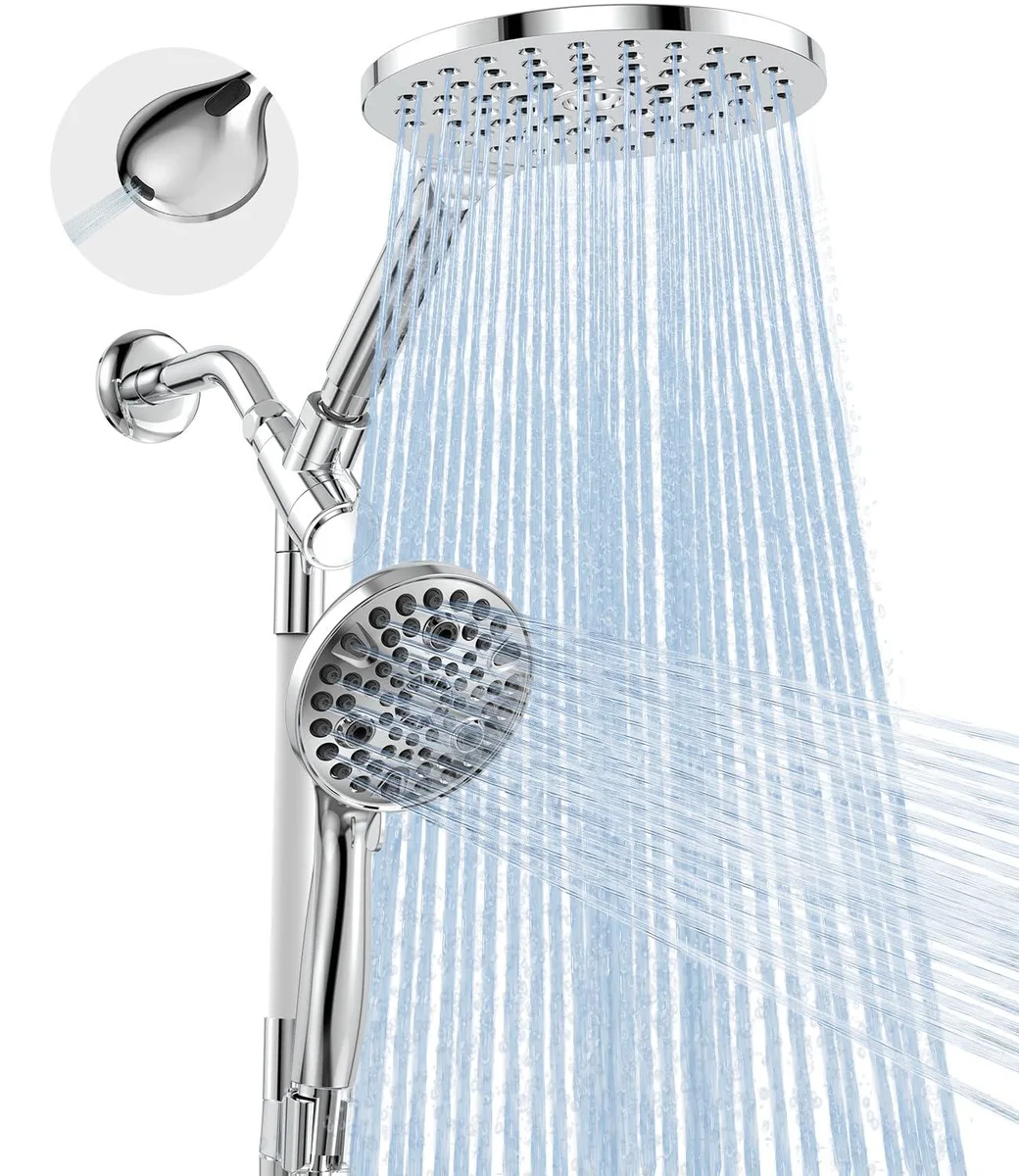Black dual shower head combo with rainfall head and 10-mode handheld on adjustable bar 12 pack