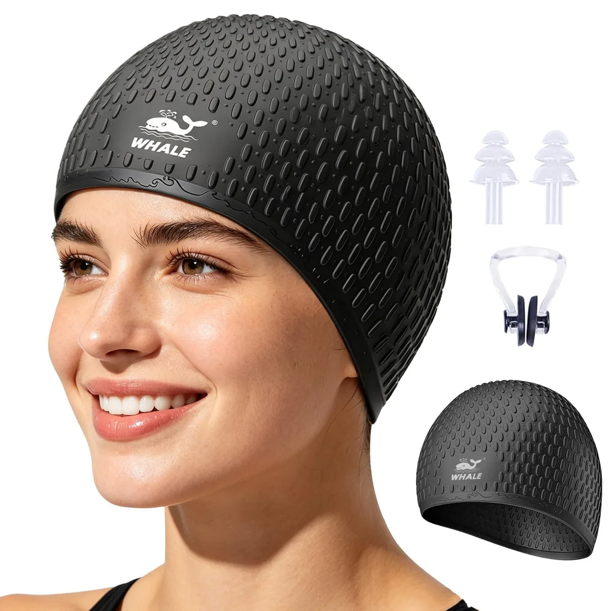  Whale Large Silicone Swimming Cap Black — product photo